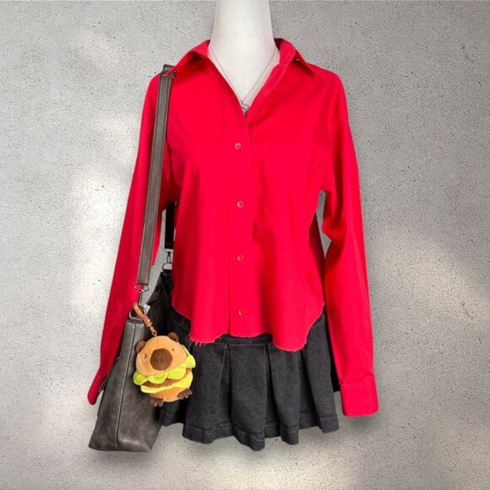 Foxcroft Cropped Button Up Shirt Women's 4 Red Raw Hem Party Academia Preppy